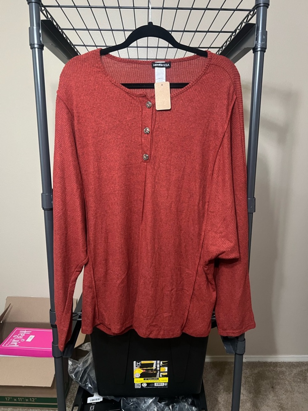 Kensie USA Women's Rust Ribbed Henley Sweater